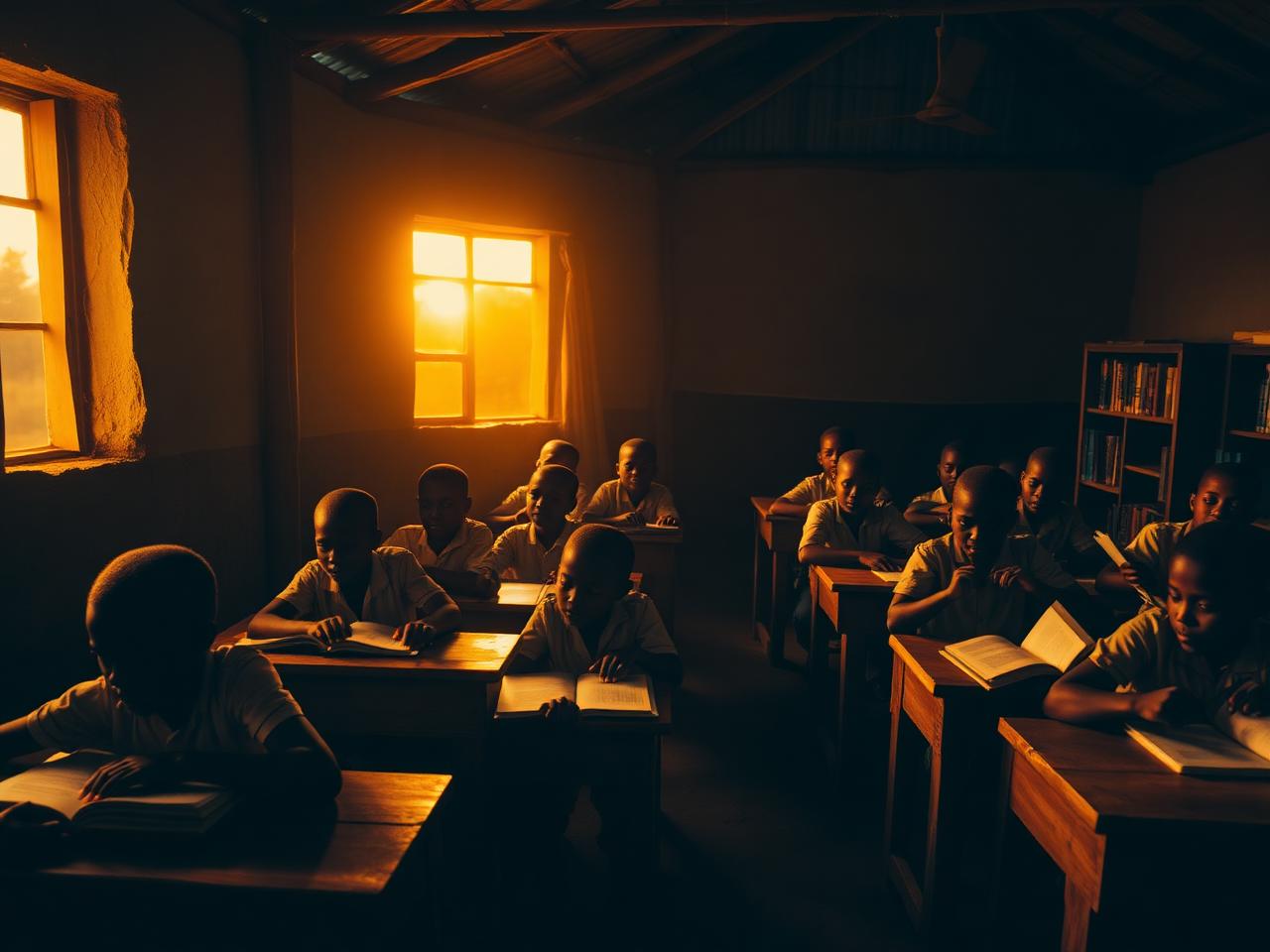 Children reading in a solar-lit rural classroom at dusk